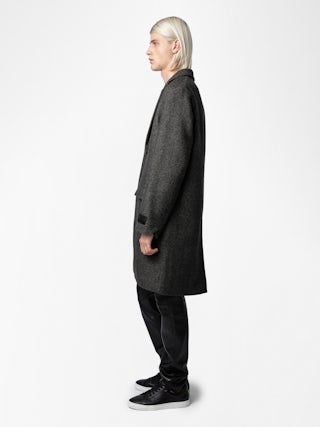 Mark Coat - Mid-length unisex coat with contrasting collar featuring "C'est la faute à Voltaire" inscription.