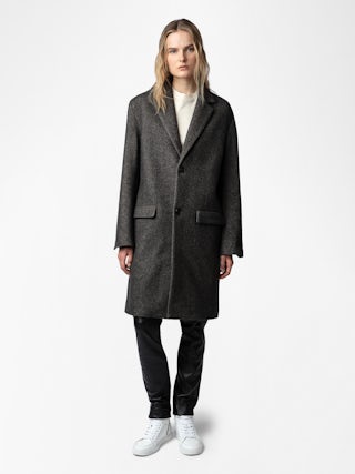 Mark Coat - Mid-length unisex coat with contrasting collar featuring "C'est la faute à Voltaire" inscription.