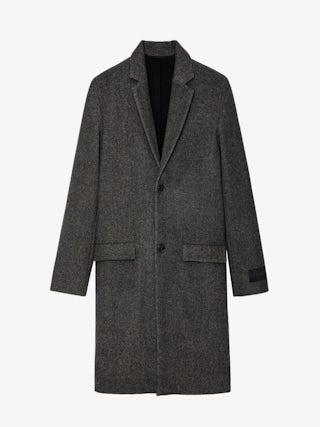 Mark Coat - Mid-length unisex coat with contrasting collar featuring "C'est la faute à Voltaire" inscription.