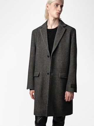 Mark Coat - Mid-length unisex coat with contrasting collar featuring "C'est la faute à Voltaire" inscription.