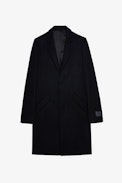 Marlyh Coat - Unisex black wool midi coat with contrasting undercollar featuring the slogan “C’est la faute à Voltaire”.