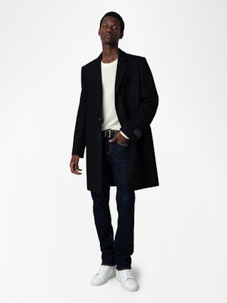 Marlyh Coat - Mid-length unisex coat with contrasting collar featuring "C'est la faute à Voltaire" inscription.