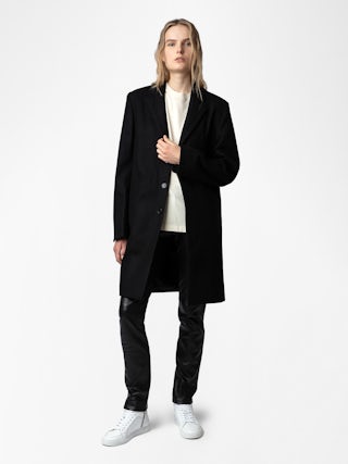 Marlyh Coat - Mid-length unisex coat with contrasting collar featuring "C'est la faute à Voltaire" inscription.