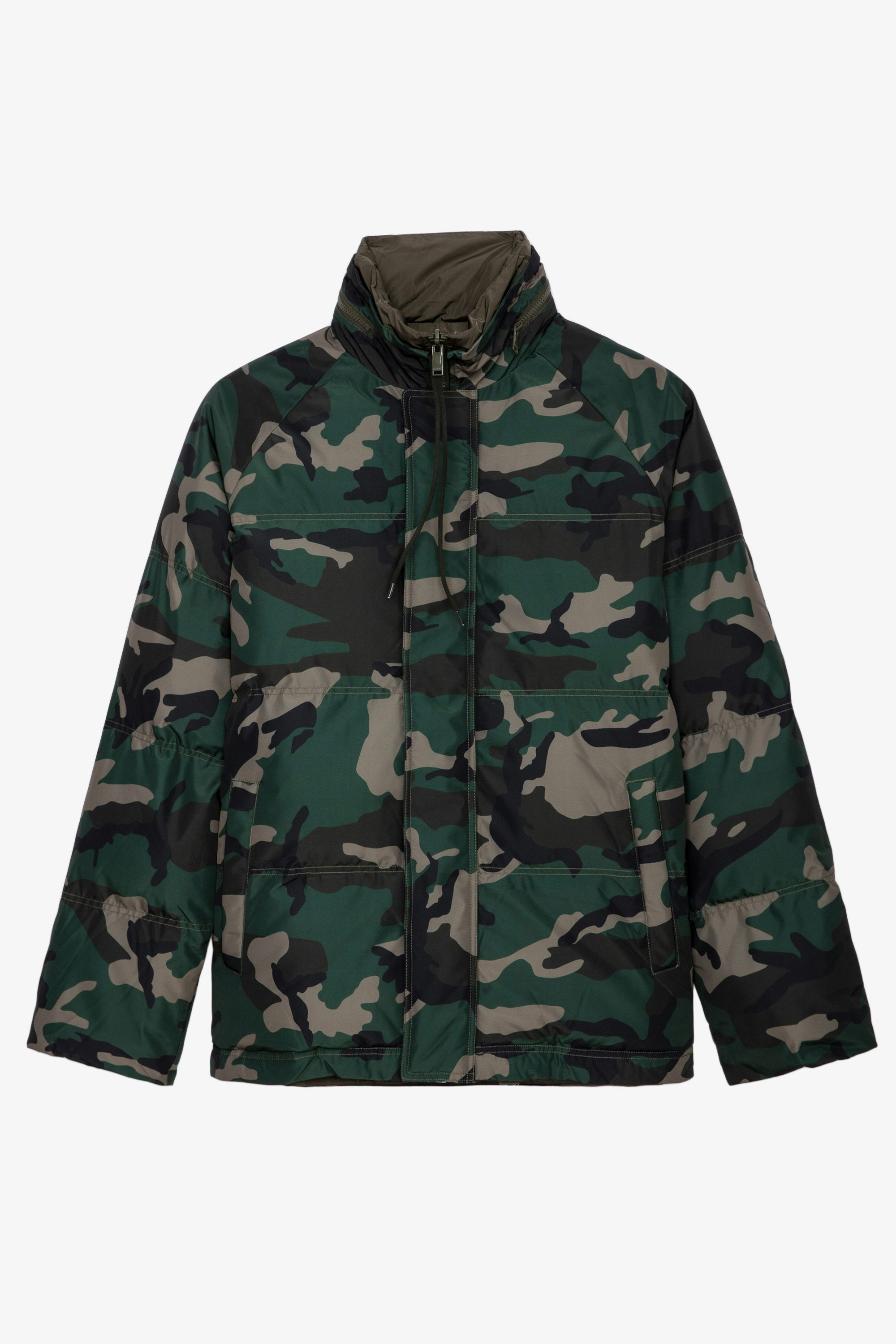 Bristol Down Jacket Men’s oversized khaki technical down jacket with camouflage print on one side and plain black on the other side