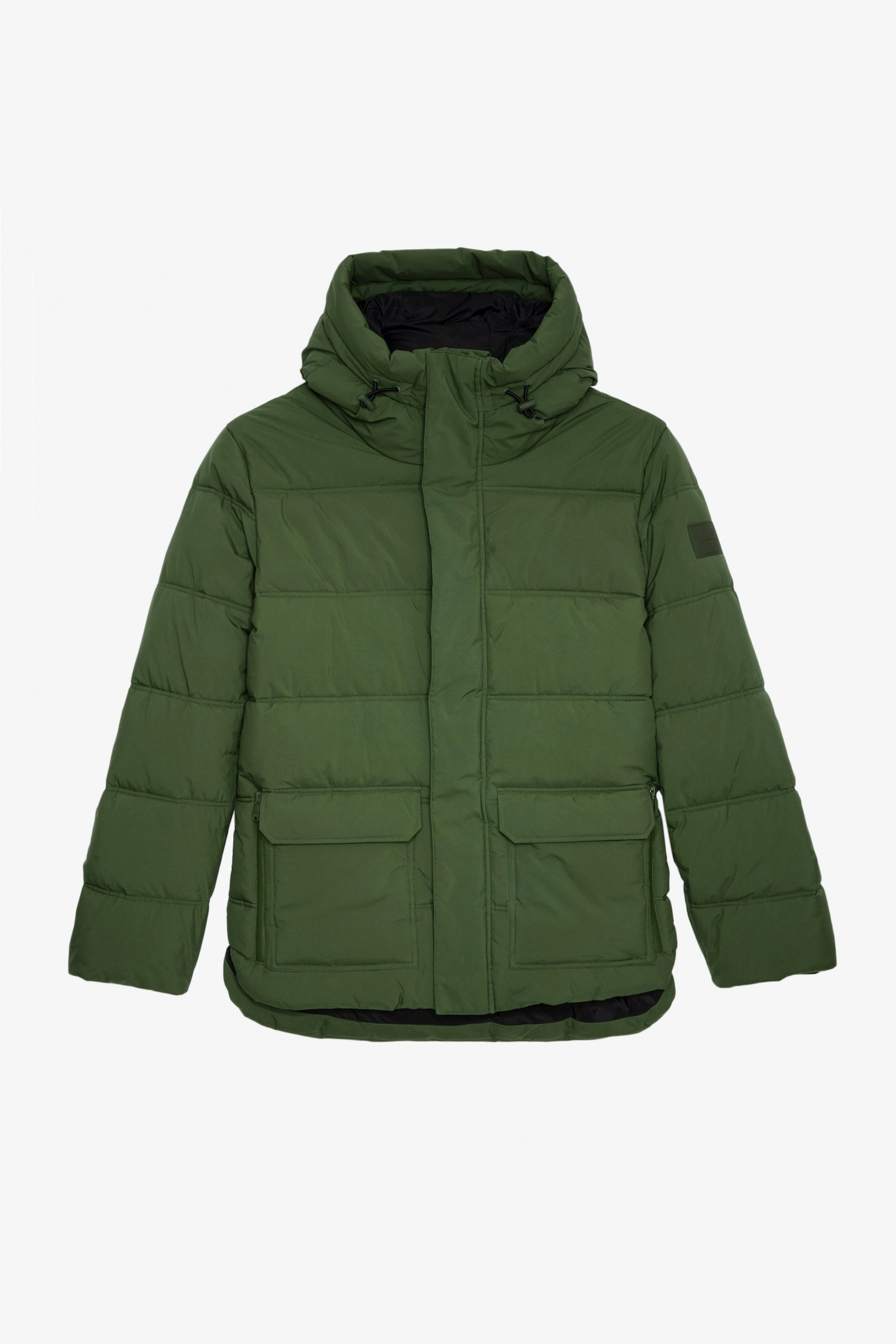 Bow Puffer Coat - Men’s green quilted hooded puffer coat with band and ZV badge.