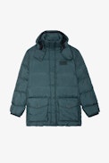 Bobby Down Jacket - Men’s mid-length green nylon down jacket with studio insignia on the sleeve.