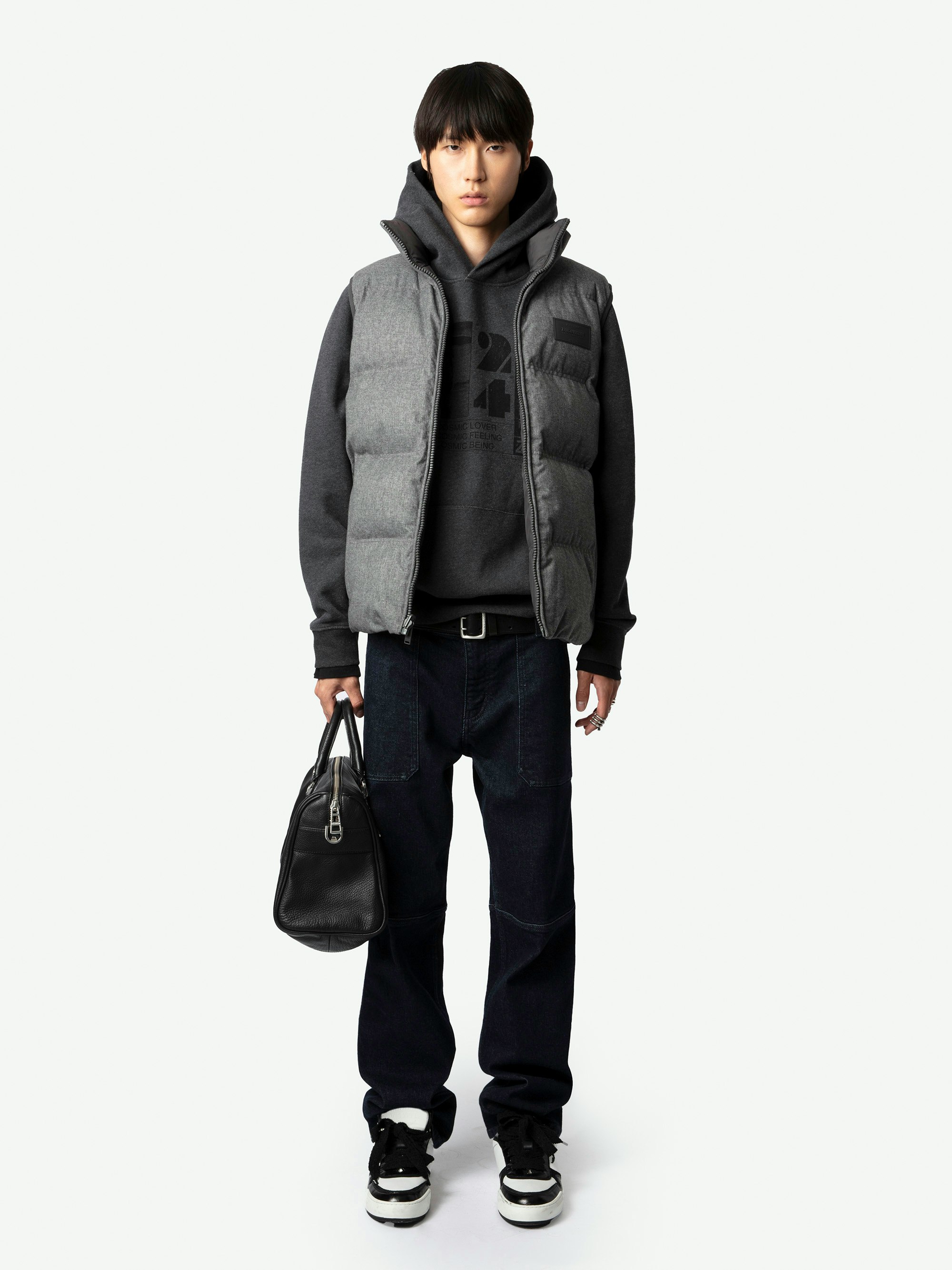 Bob Gilet - Reversible quilted waterproof sleeveless grey jacket with pockets and Studio patch.