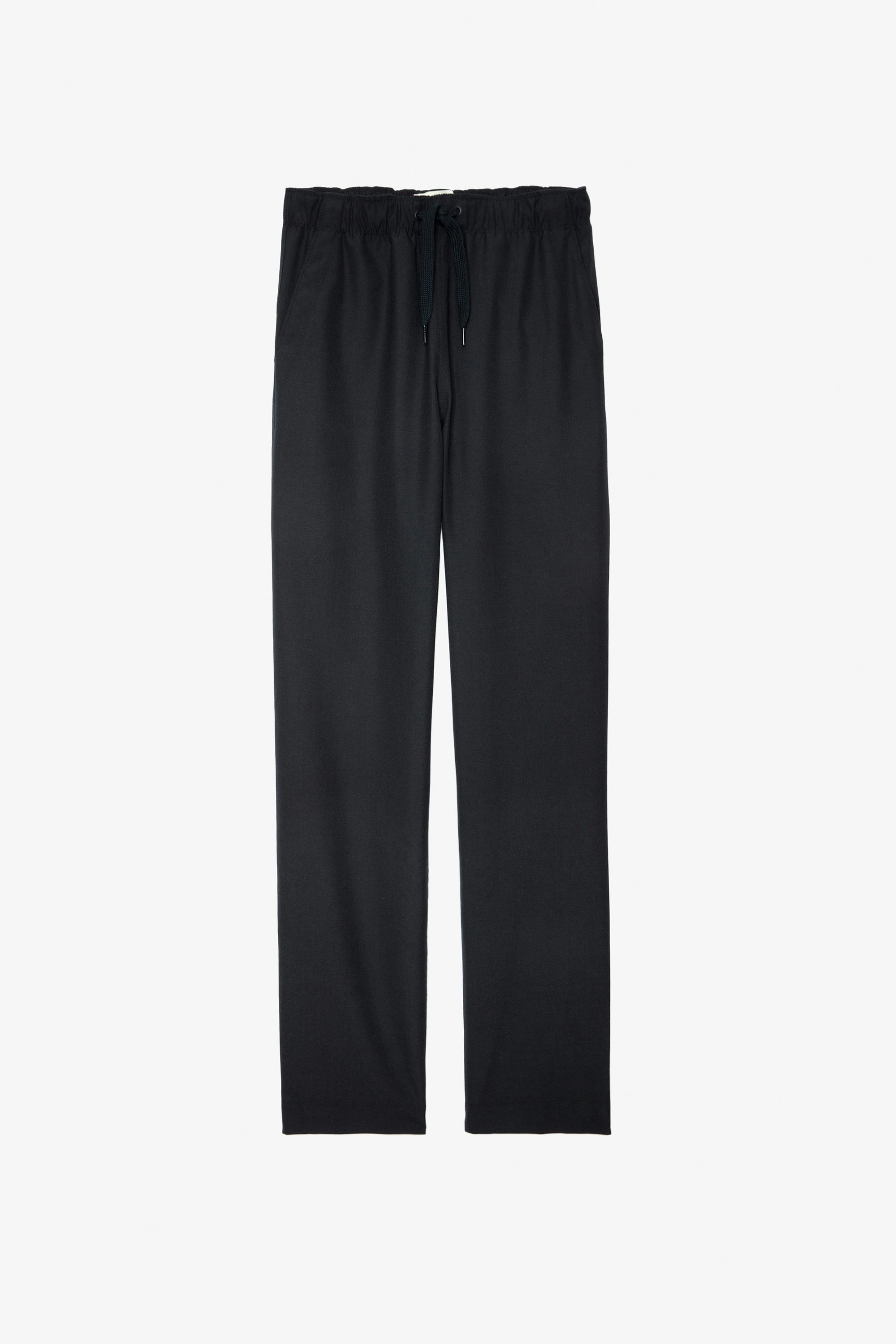 Pantalón Pixel - Pantalón unisex de lana en color negro con insignia del estudio en la espalda.