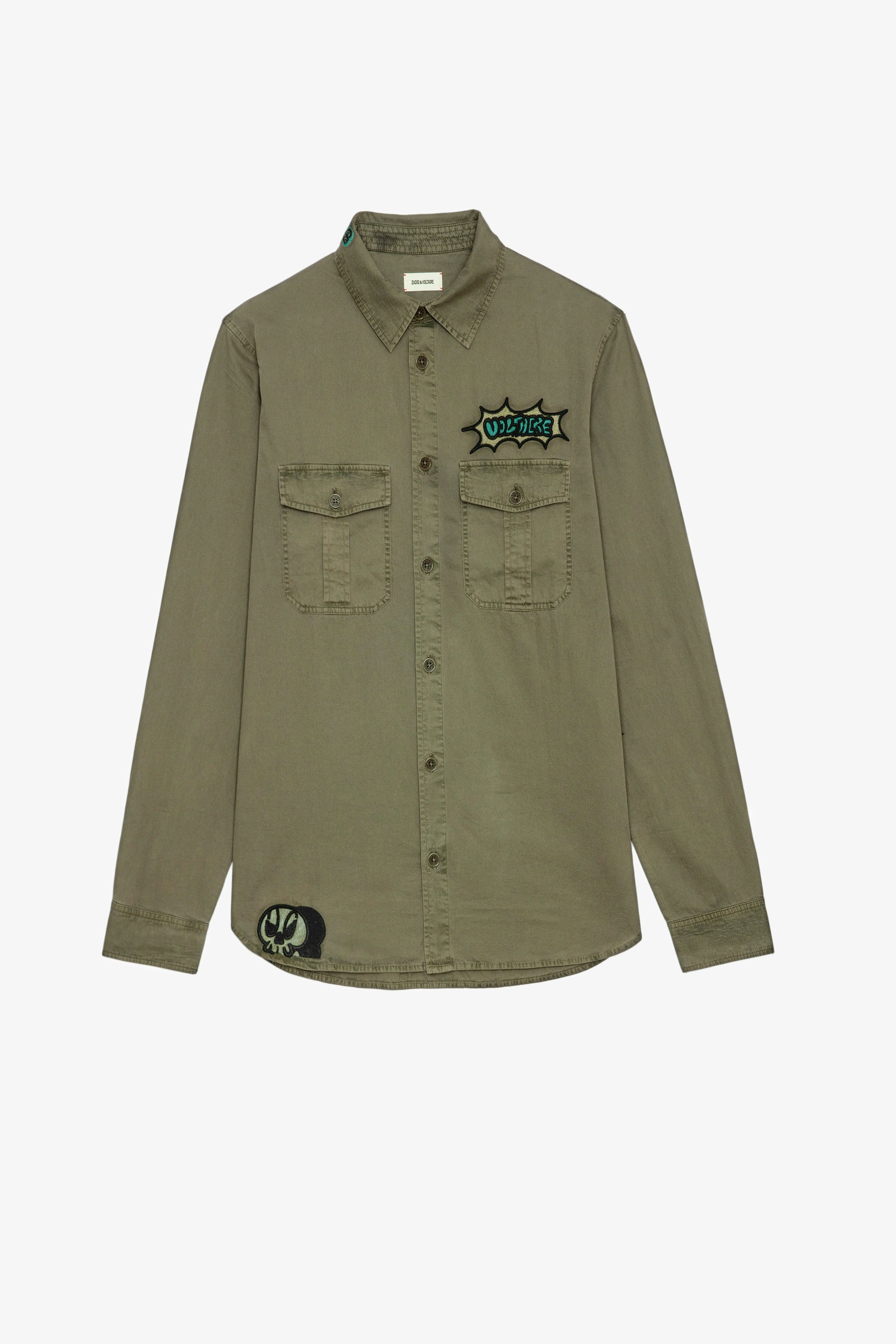Stan Shirt Men’s khaki cotton military-style shirt with appliqué on back