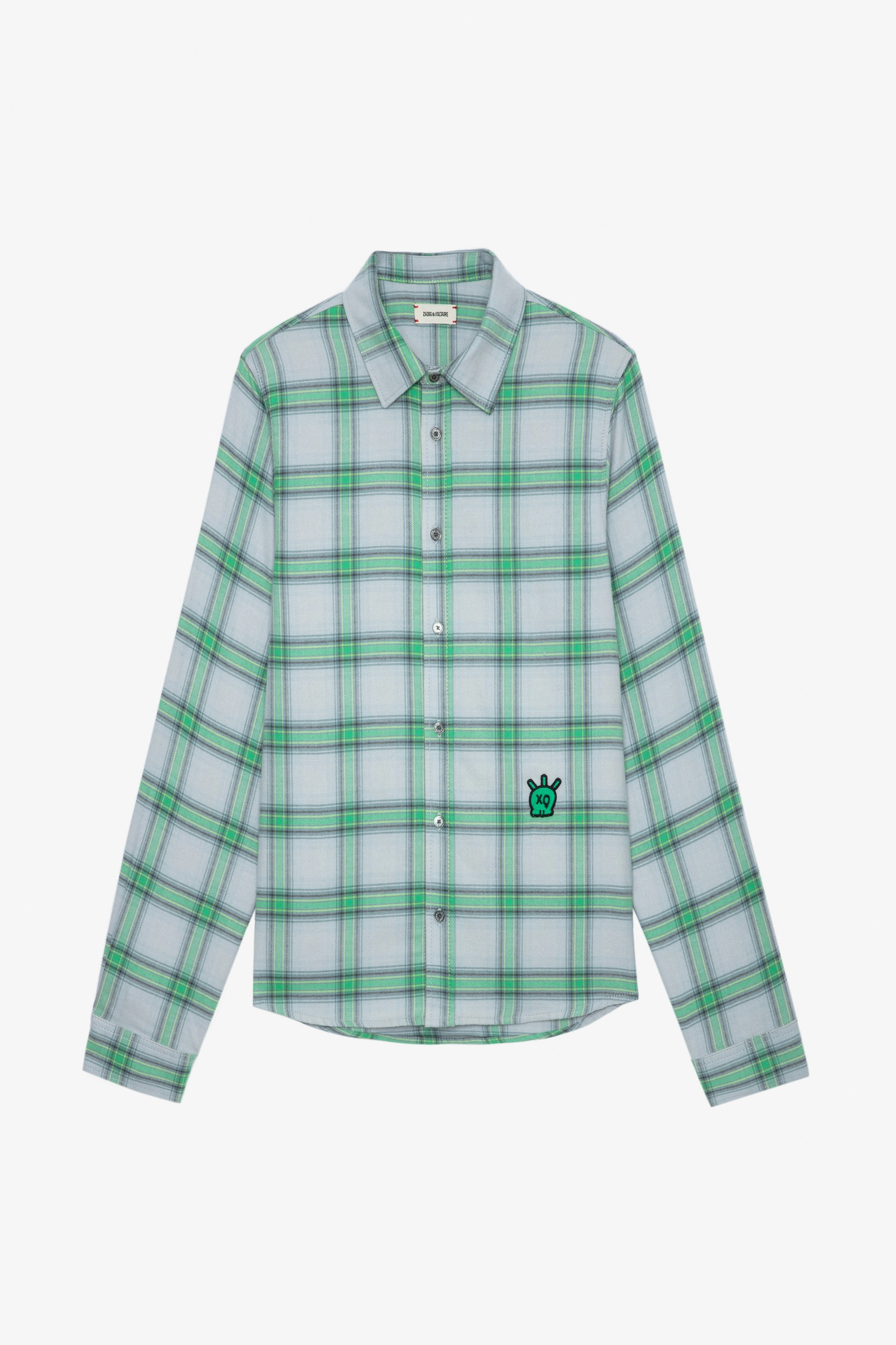 Hemd Stan Skull - Grünes kariertes Herrenhemd aus Baumwolle, verziert mit einem Skull-XO-Patch.