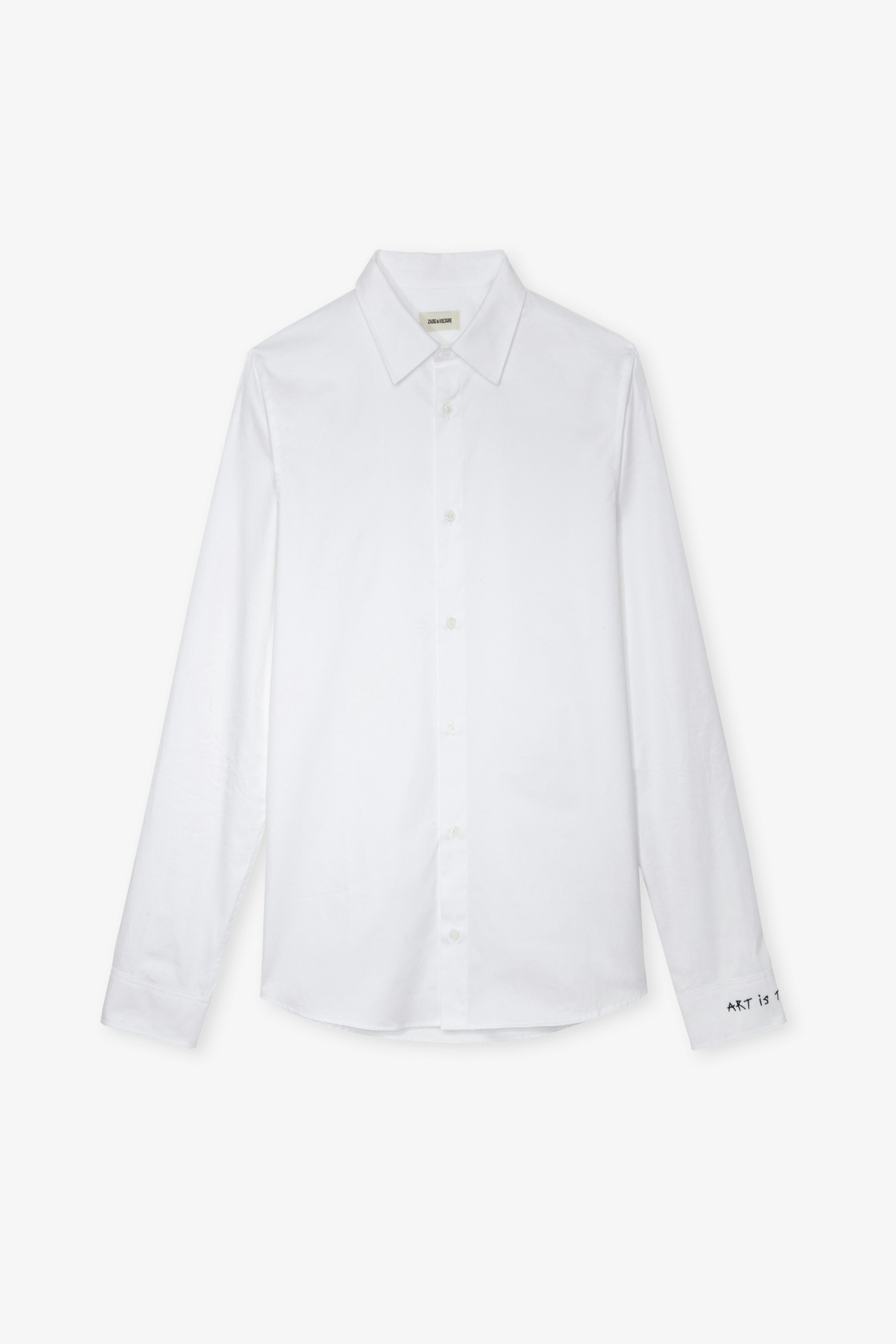 Camisa Sydney - Camisa unisex de algodón en color blanco con bordado «Art Is Truth» en el puño derecho.