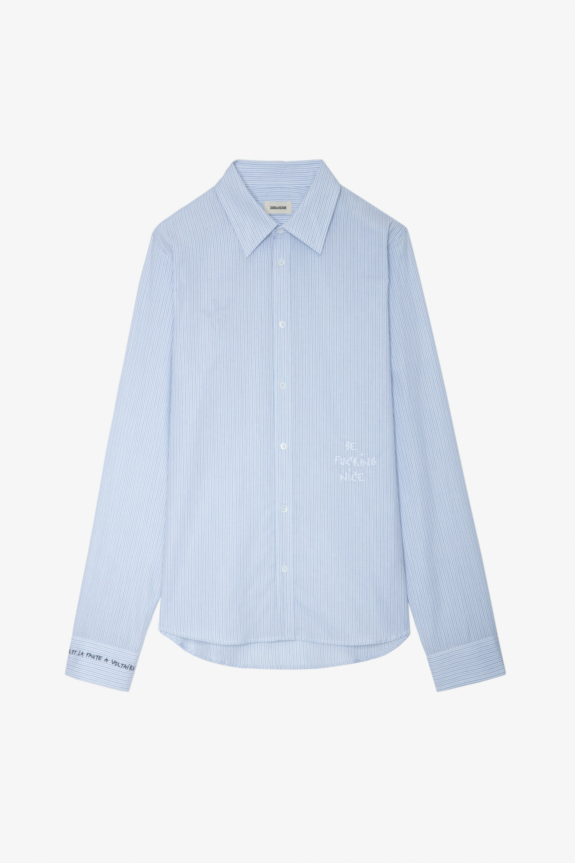 Camisa Stan - Camisa azul cielo a rayas de algodón con bordado para hombre.