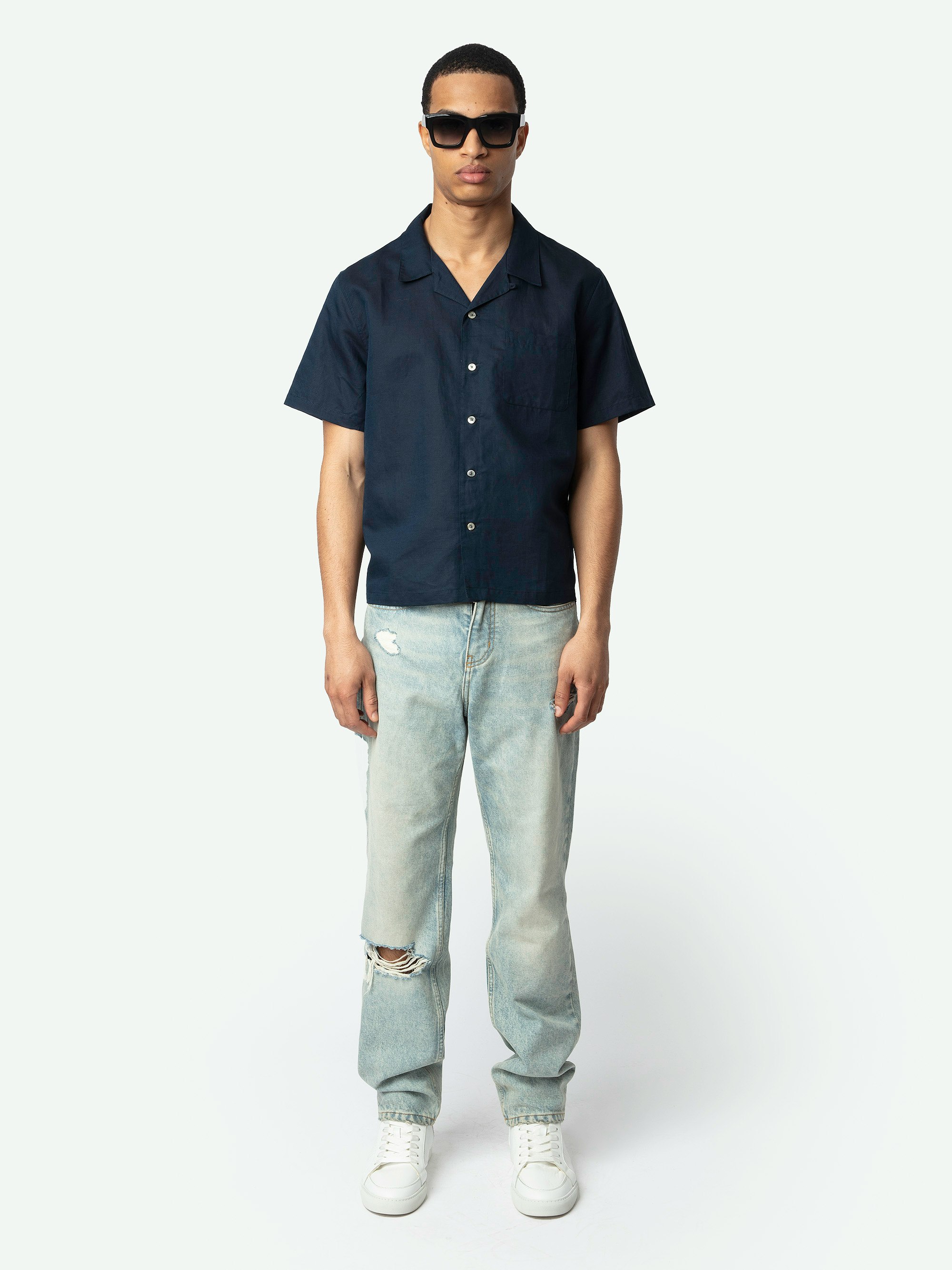 Slony Shirt - Casual linen/cotton shirt with wing embroidery, short sleeves and button fastening.