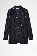 Vrom Jacket - Women's navy blue tailored wool jacket with tennis stripes