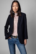 Viva Strass Jacket - Navy blue suit jacket with love now in rhinestones on the back