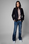 Viva Strass Jacket - Navy blue suit jacket with love now in rhinestones on the back