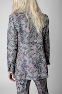 Visko Jacquard Blazer - Women's blue jacquard jacket with floral motifs
