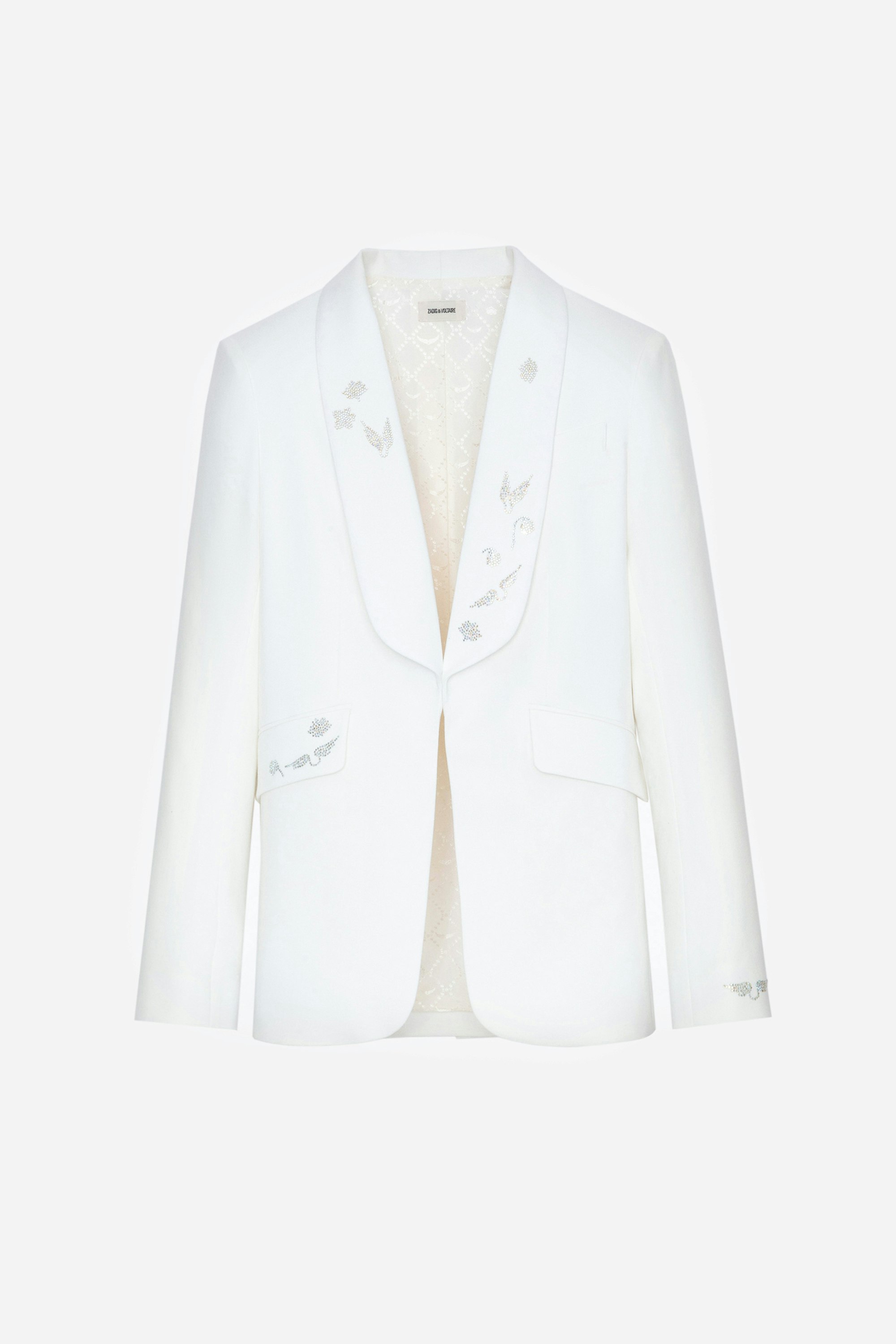 Date Diamanté Blazer - Women's white blazer featuring round collar and diamanté wing embellishment.
