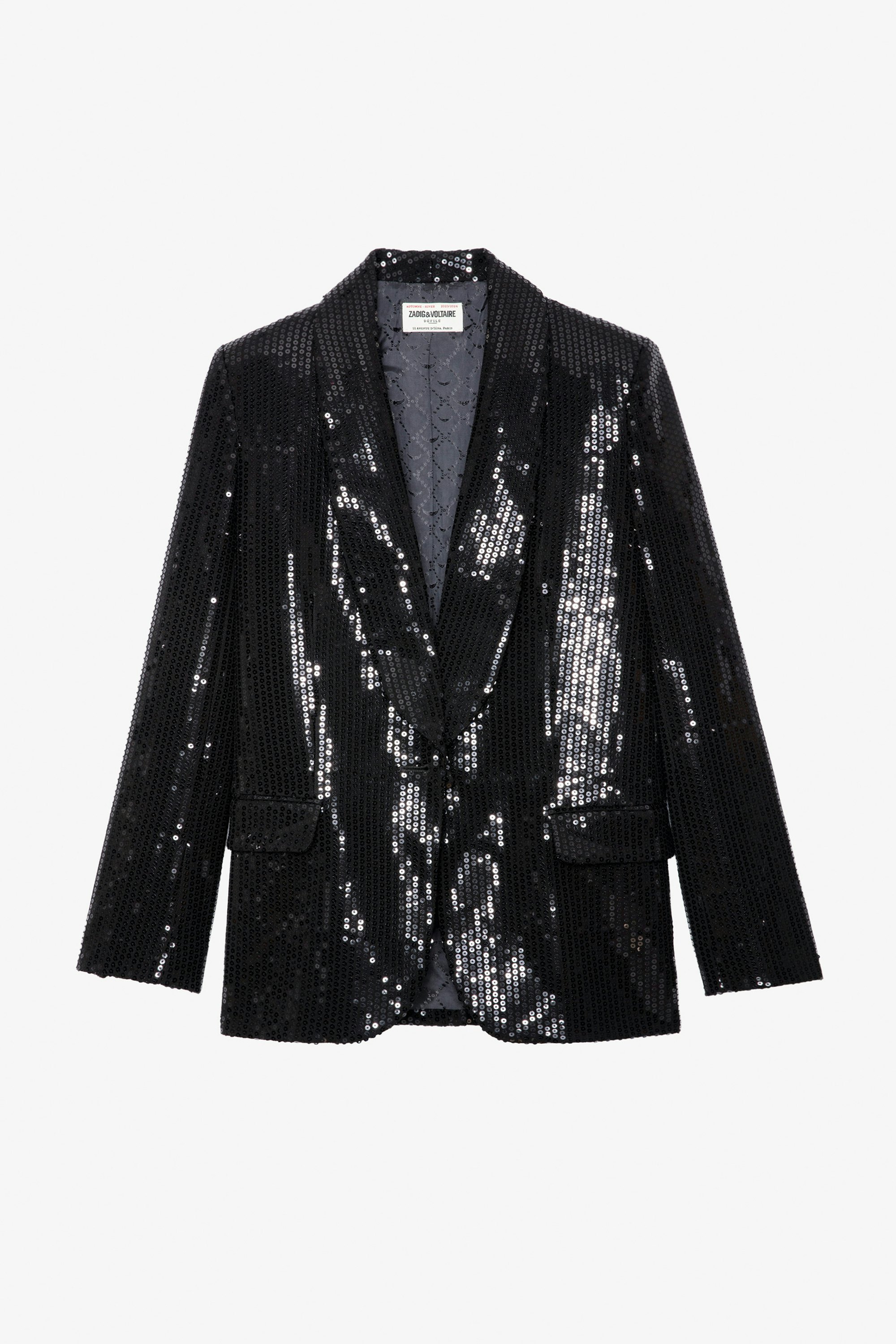 Blazer Vive Lustrini - Giacca blazer da tailleur nera da donna con lustrini, chiusura con bottoni e tasche.