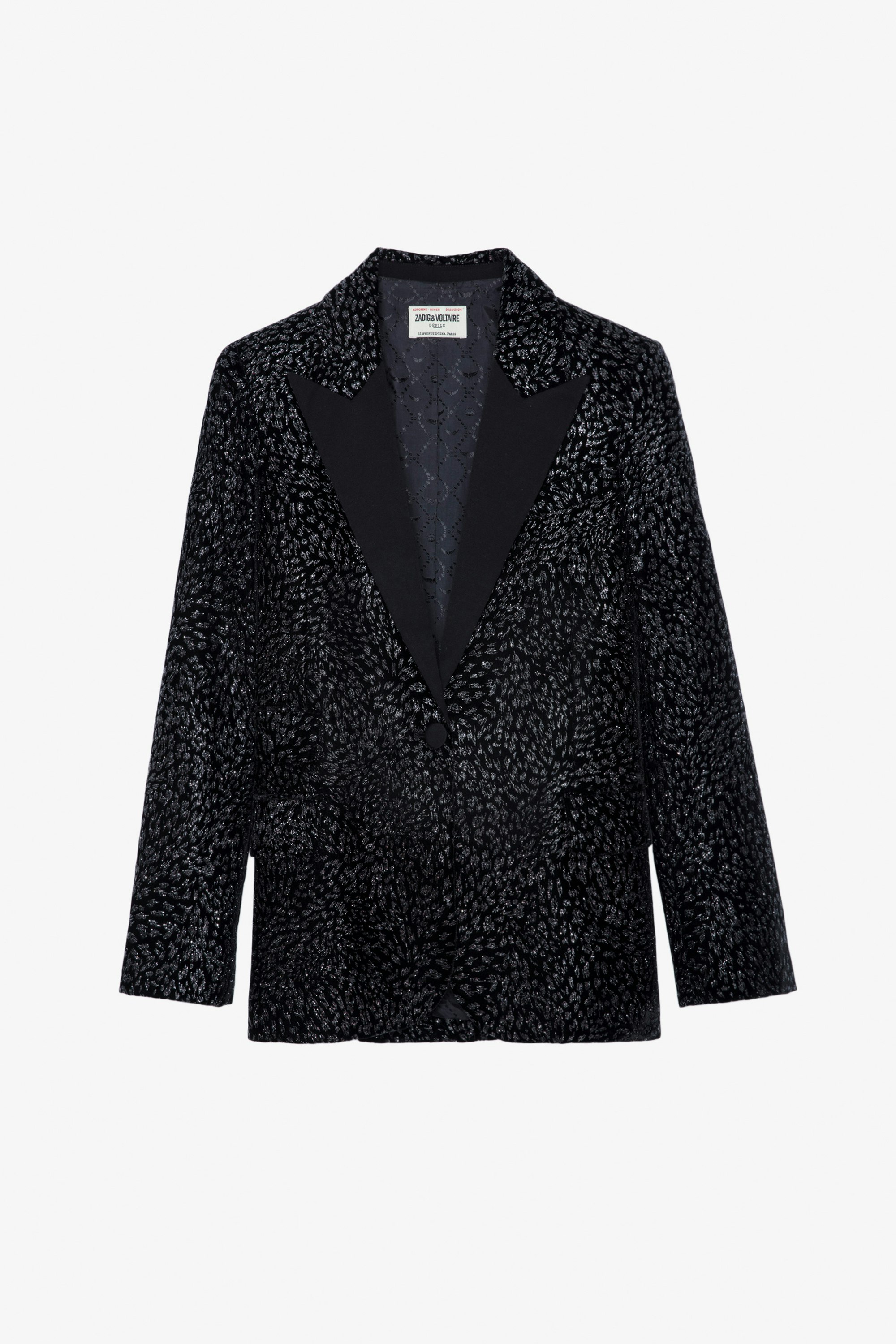 Blazer Venus Velours - Veste de tailleur blazer en velours pailleté noir motifs léopard à fermeture boutonnée.