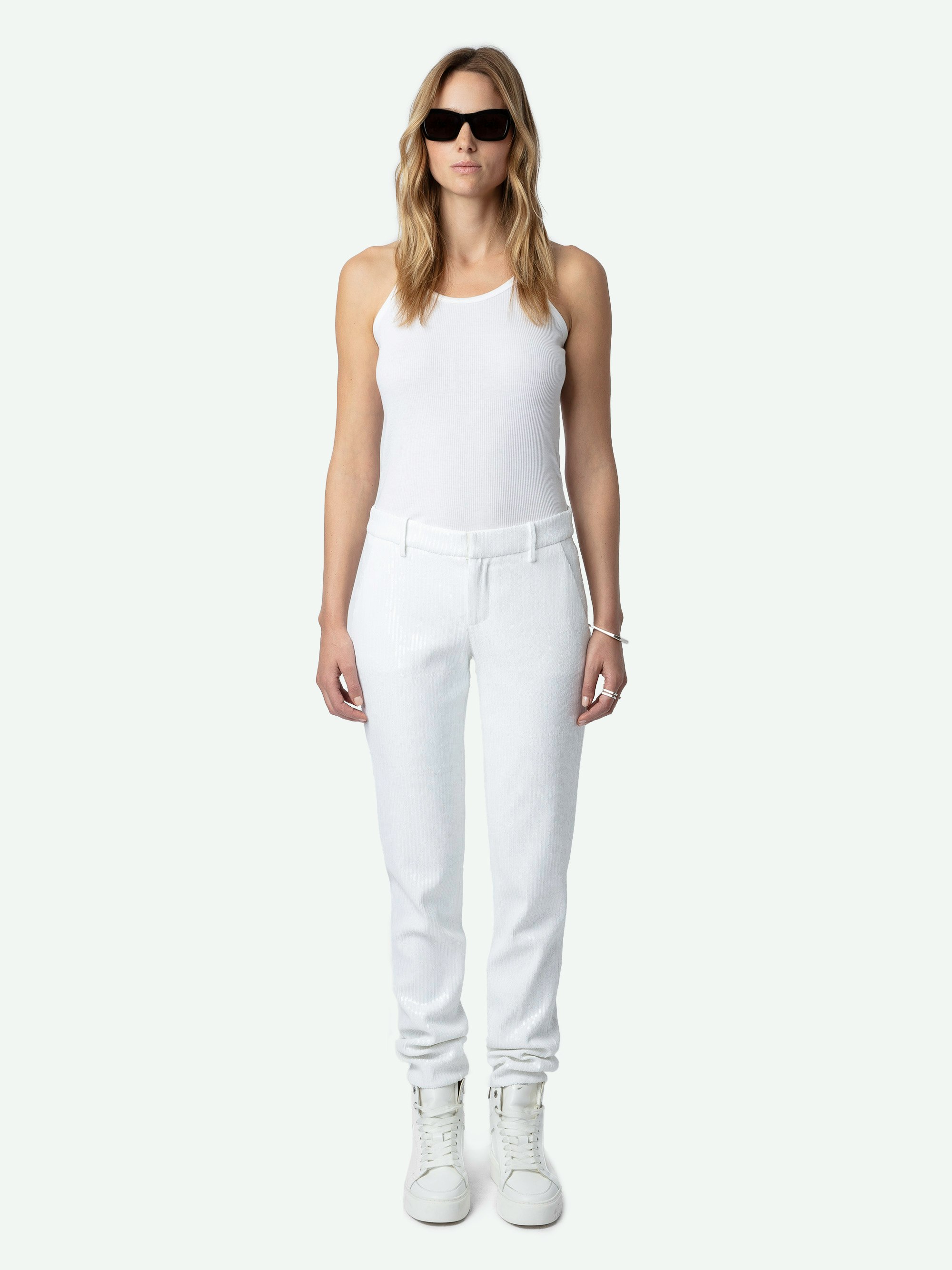 Prune Sequin Trousers - White straight-leg suit trousers with sequins and pockets.