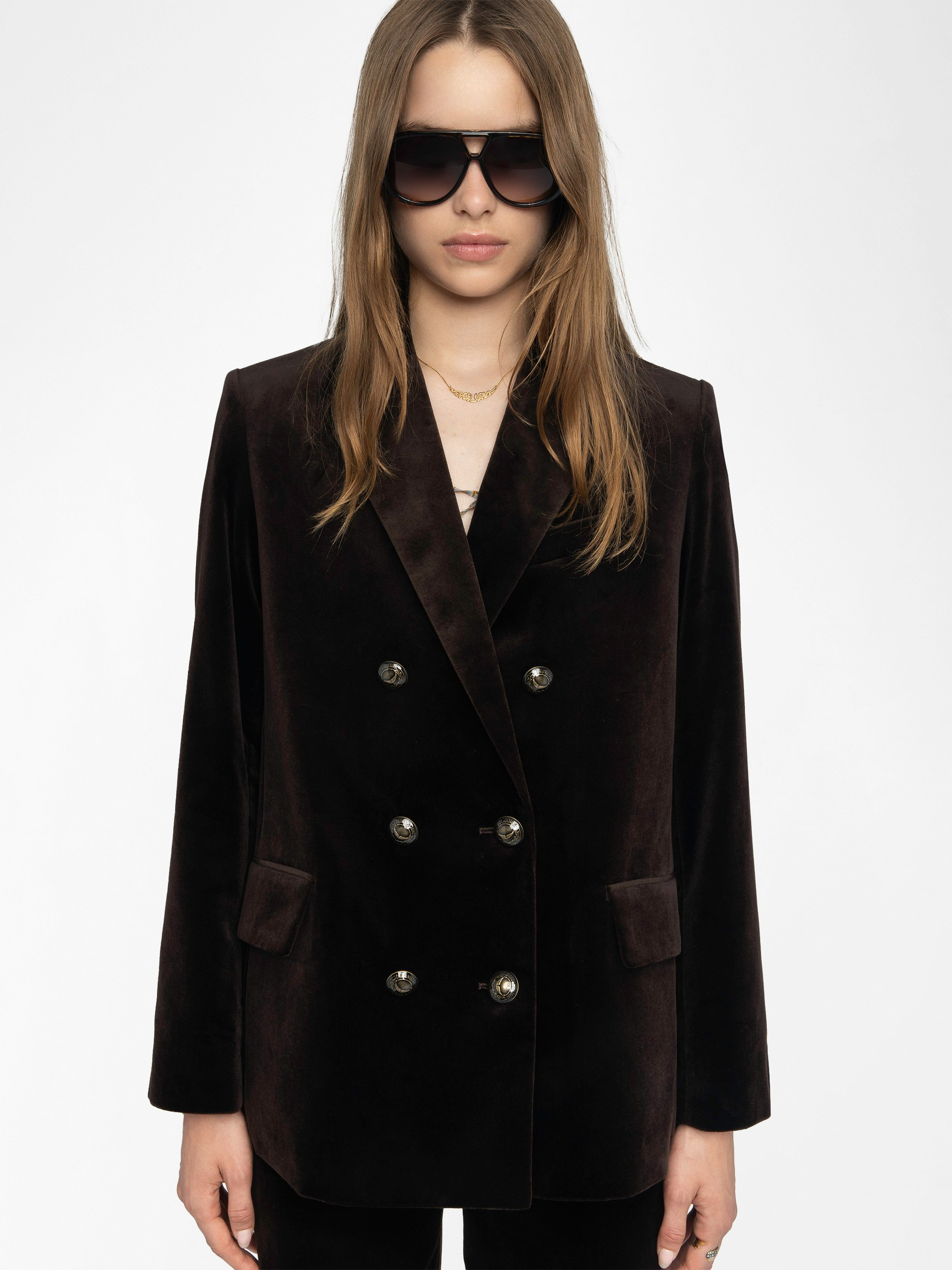 Vaska Structured Velvet Blazer - Structured straight blazer in velvet with double-breasted button closure.