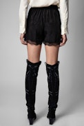 Saturne Squeleton Shorts Silk - Women's black silk shorts with jacquard skeletons
