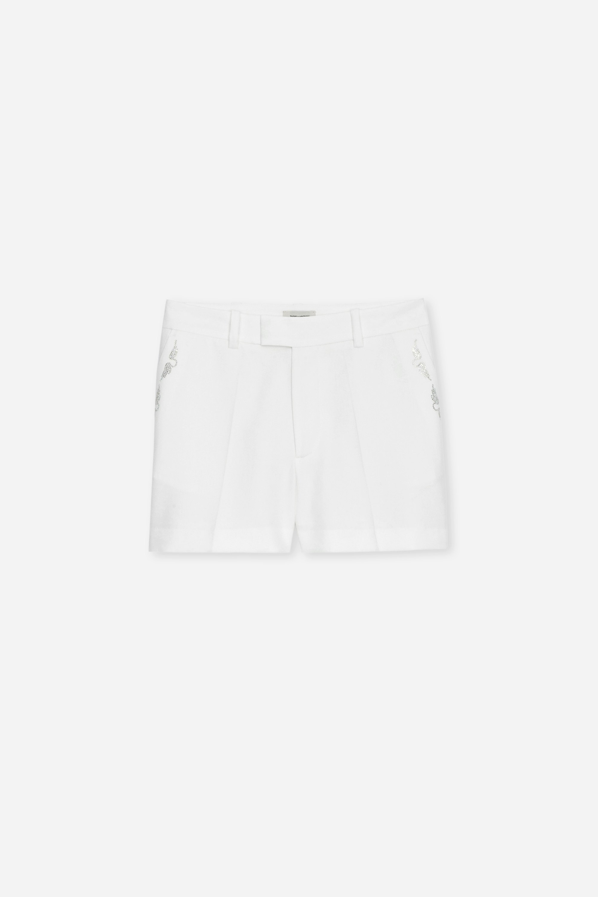 Pantalón corto Please Strass Pantalón corto blanco para mujer con bolsillos con solapa y ribeteados y alas de strass.