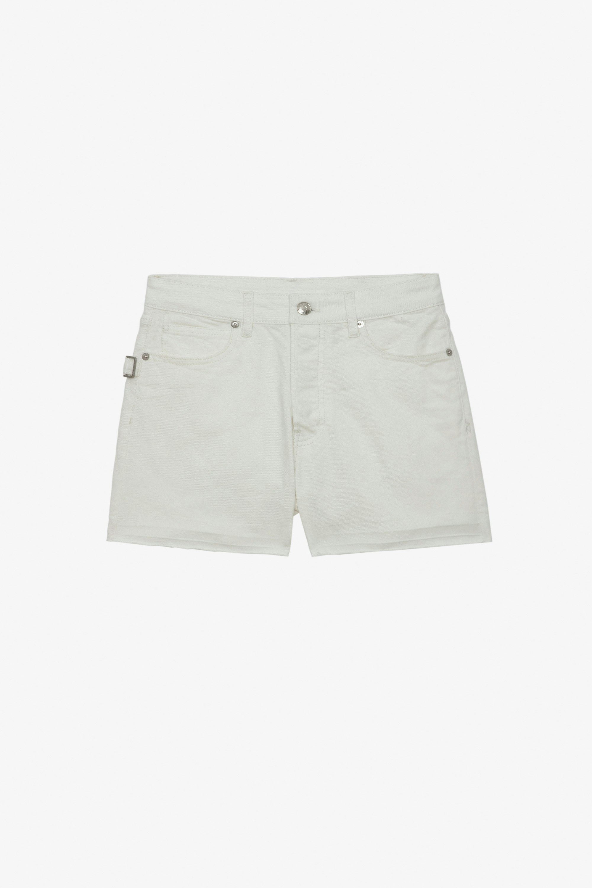 Short Sissi Denim - Short en denim blanc à poches, détails surpiqués et bords bruts.