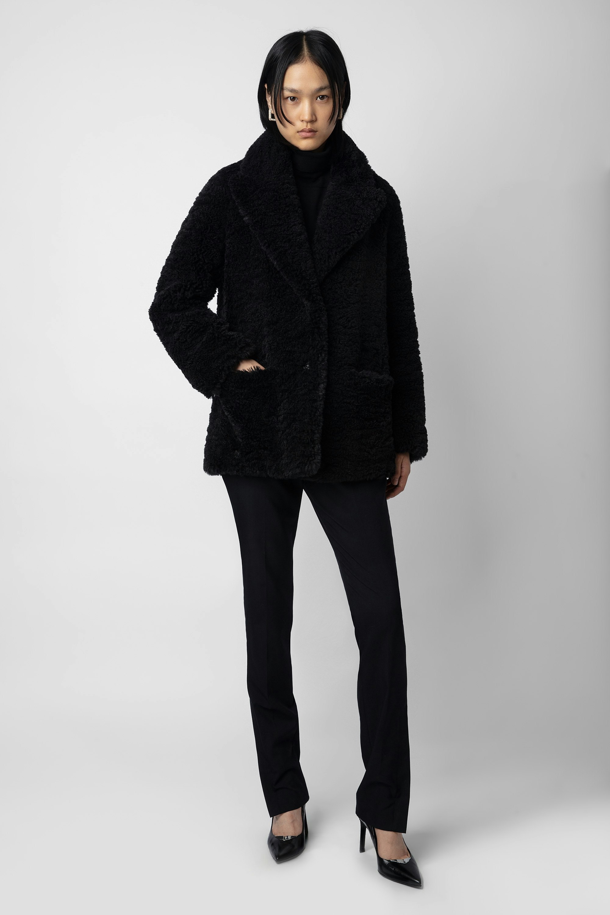 Fleur Soft Curly Coat - Women’s black faux fur coat.