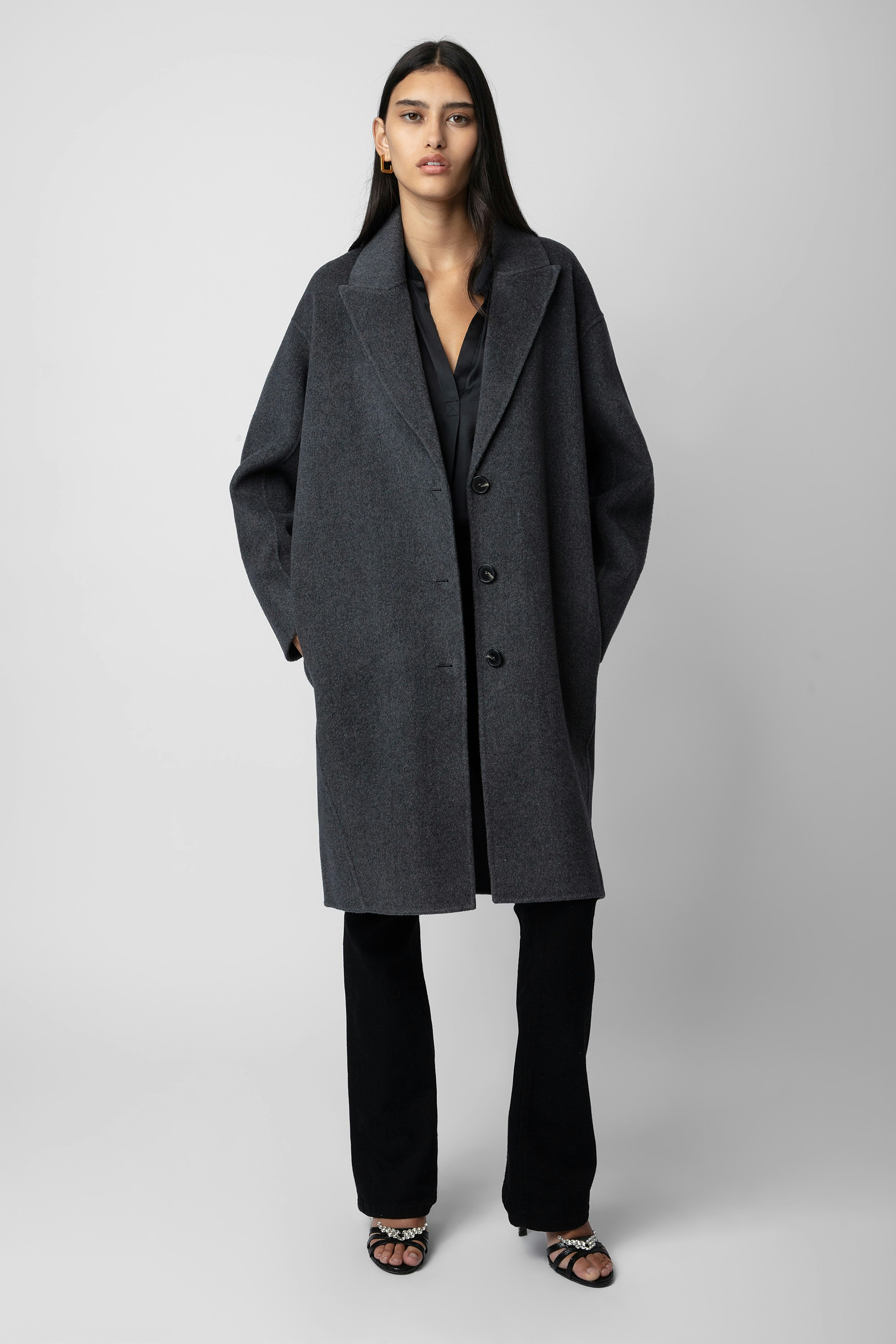 Mady Coat - Women's long anthracite wool coat with buttons and embellished with a wing motif on the back.