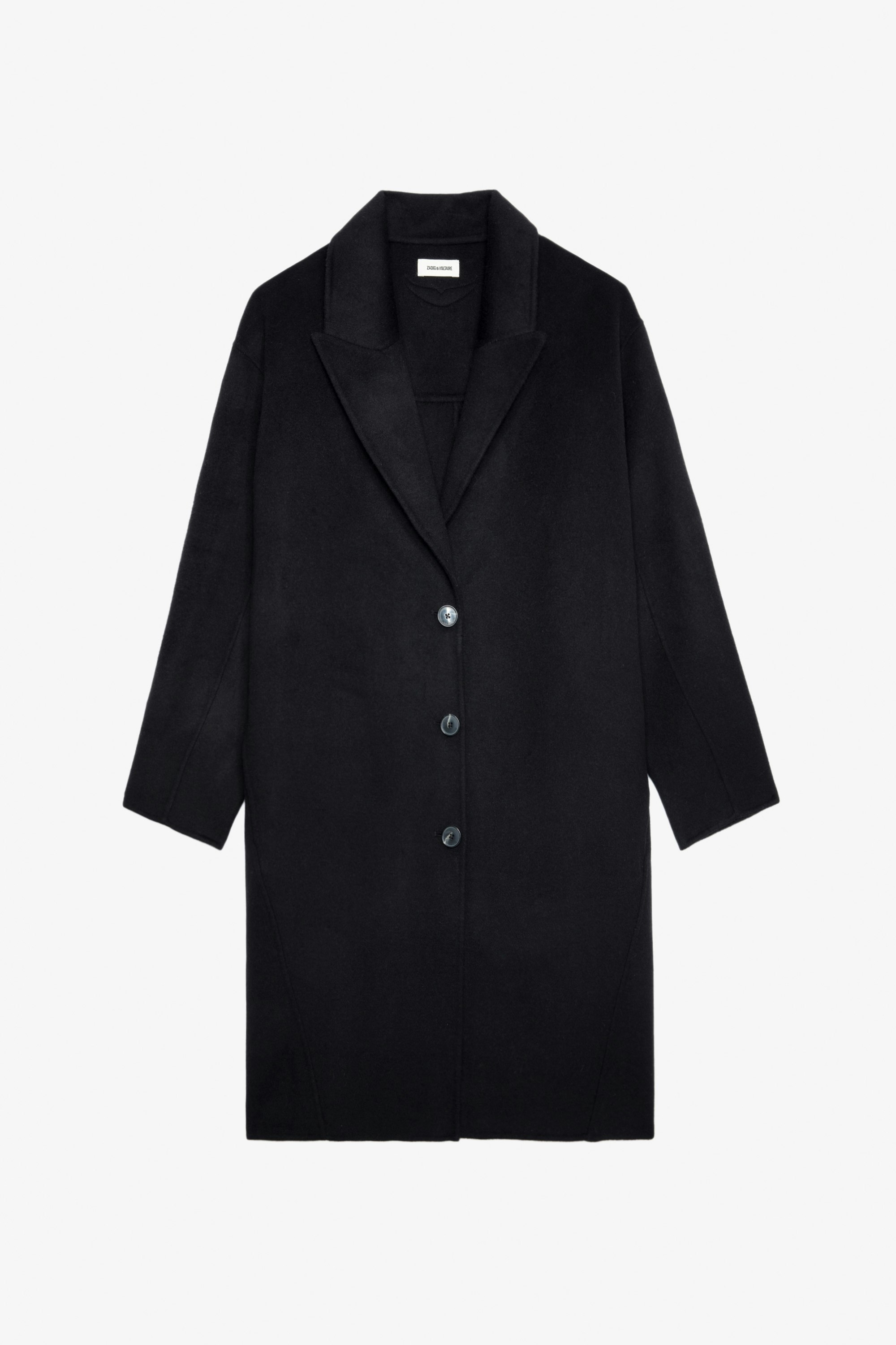 Mantel Mady - Langer Damen-Mantel aus schwarz melierter Wolle mit Flügelmotiv auf der Rückseite