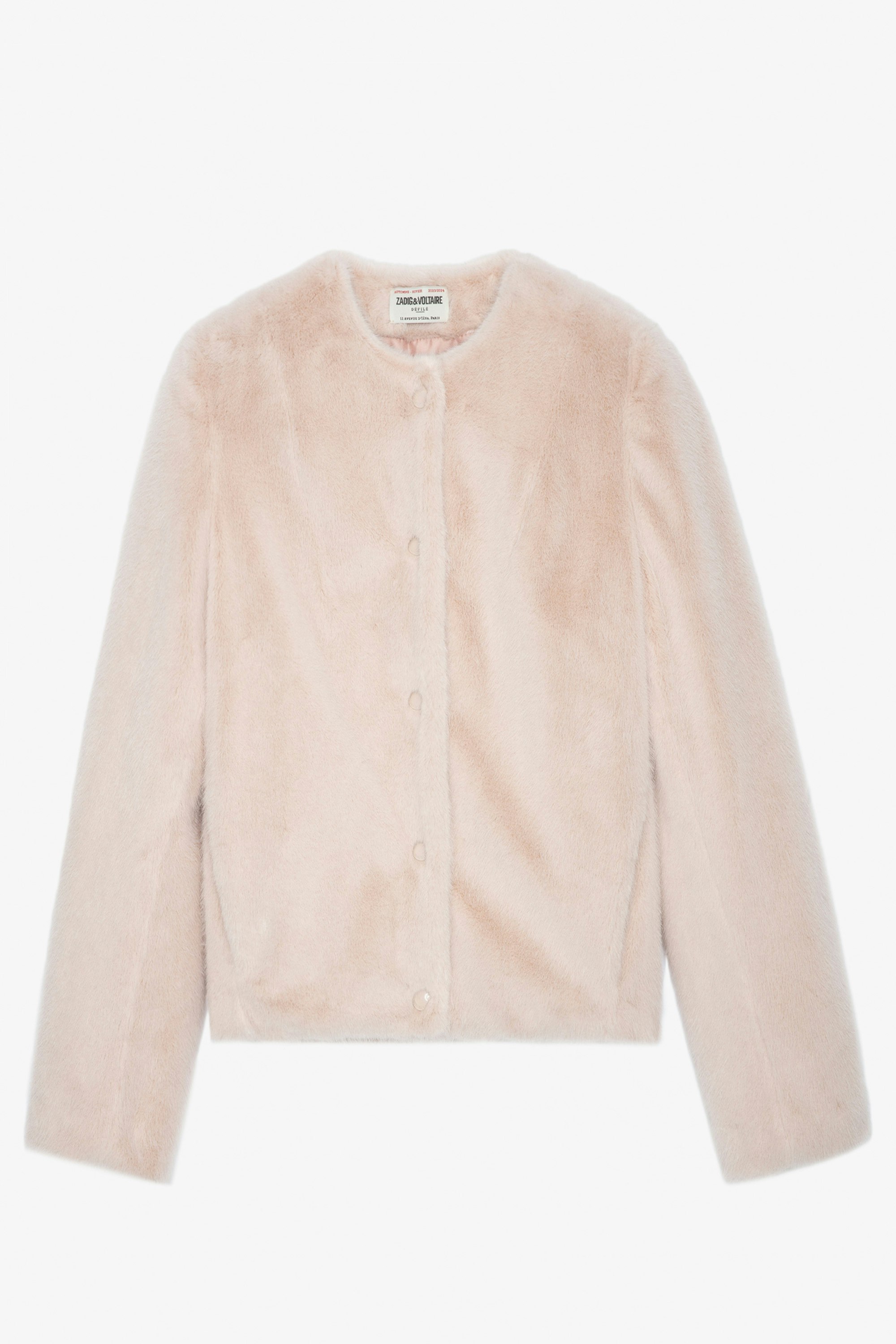 Freline Coat - Women’s short pale pink faux fur button-up coat.