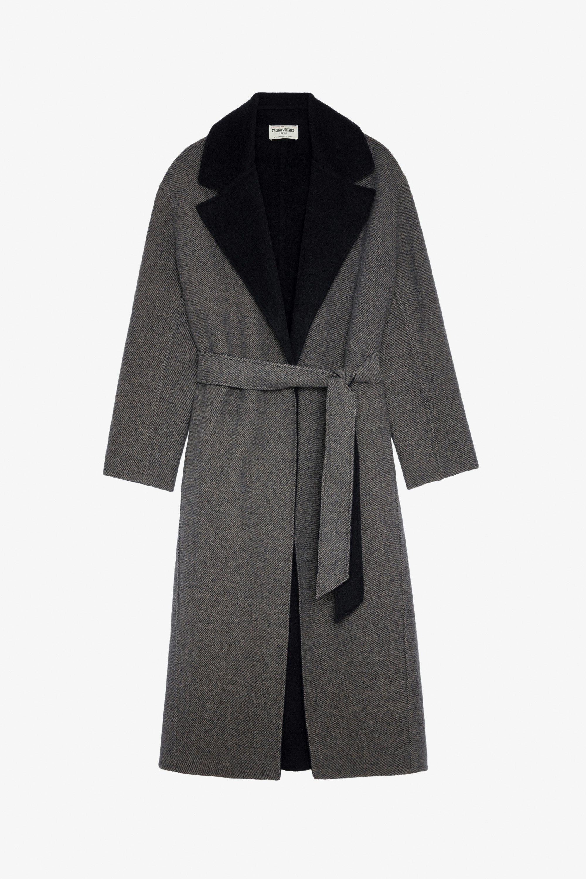 Mantel Meli - Langer Damen-Mantel aus Wolle in Schwarz mit Gürtel und farblich abgesetztem Kragen, Flügelmotiv auf der Rückseite