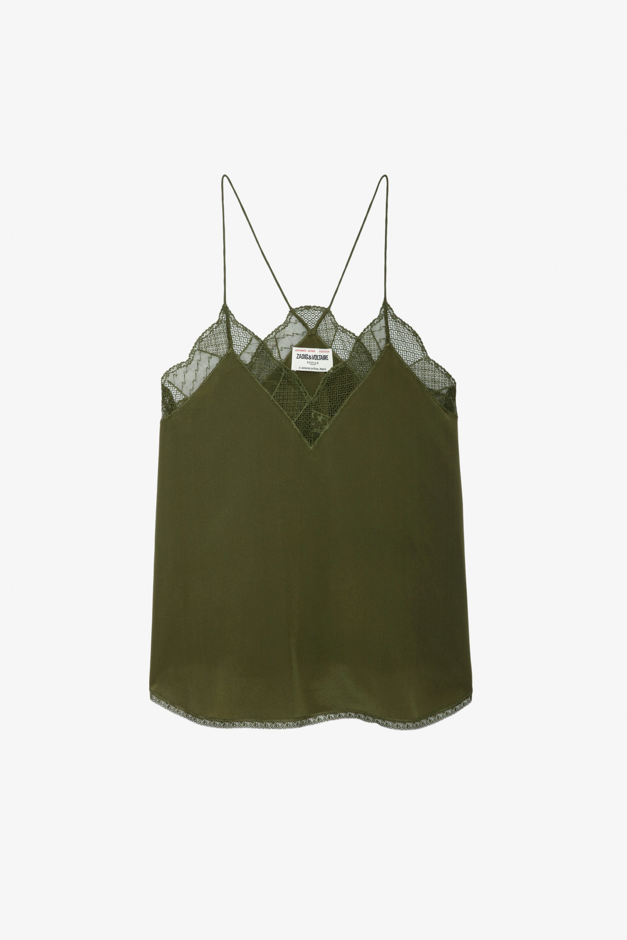 Christy Silk Camisole - Khaki silk lingerie-style camisole with thin straps and lace-trimmed neckline.