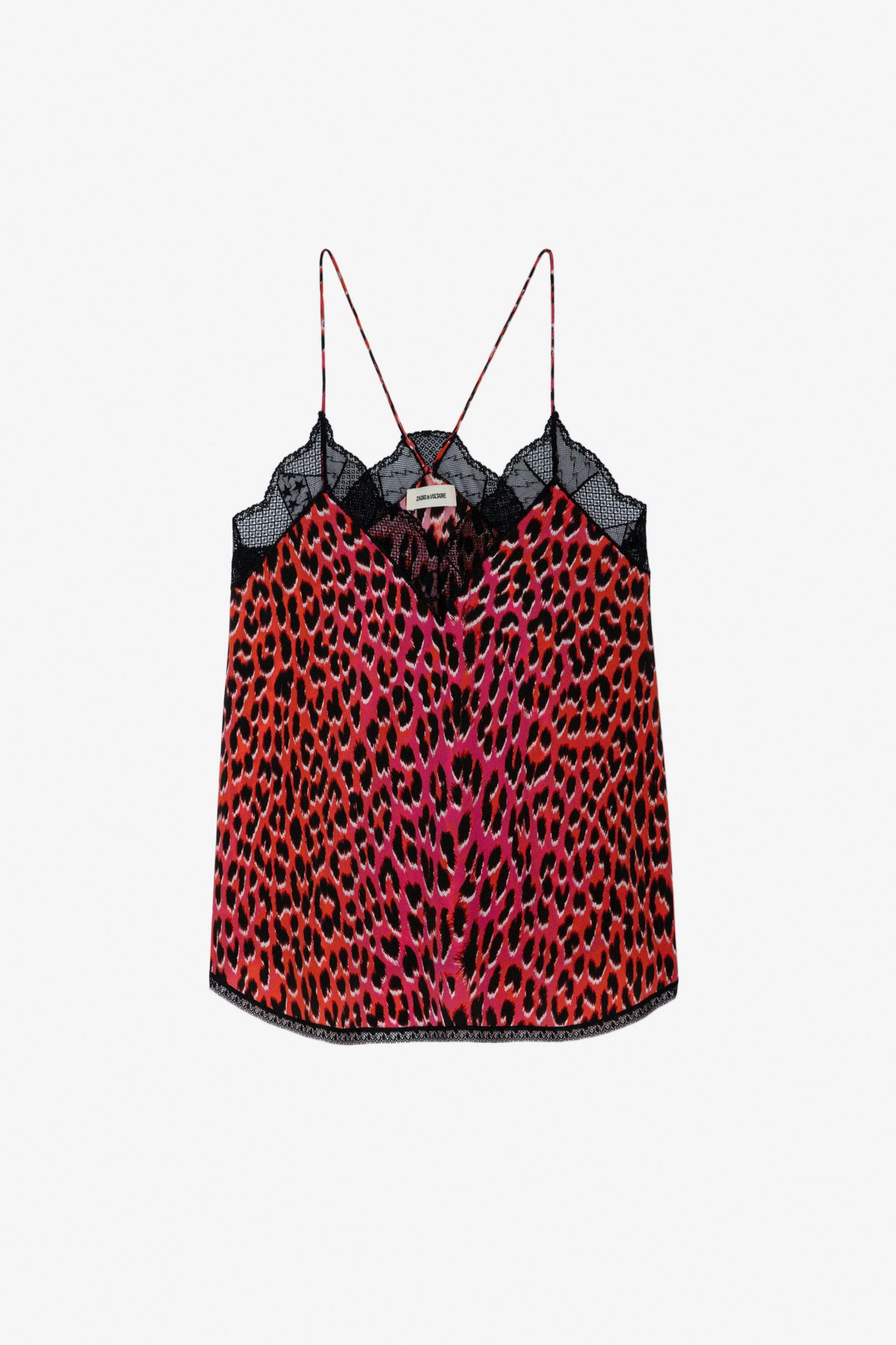 Christy Leopard Silk Camisole - Women’s pink leopard-print silk camisole with lace neckline.