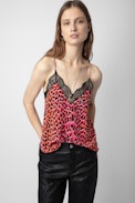 Christy Leopard Silk Camisole - Women’s pink leopard-print silk camisole with lace neckline.