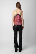 Christy Leopard Silk Camisole - Women’s pink leopard-print silk camisole with lace neckline.