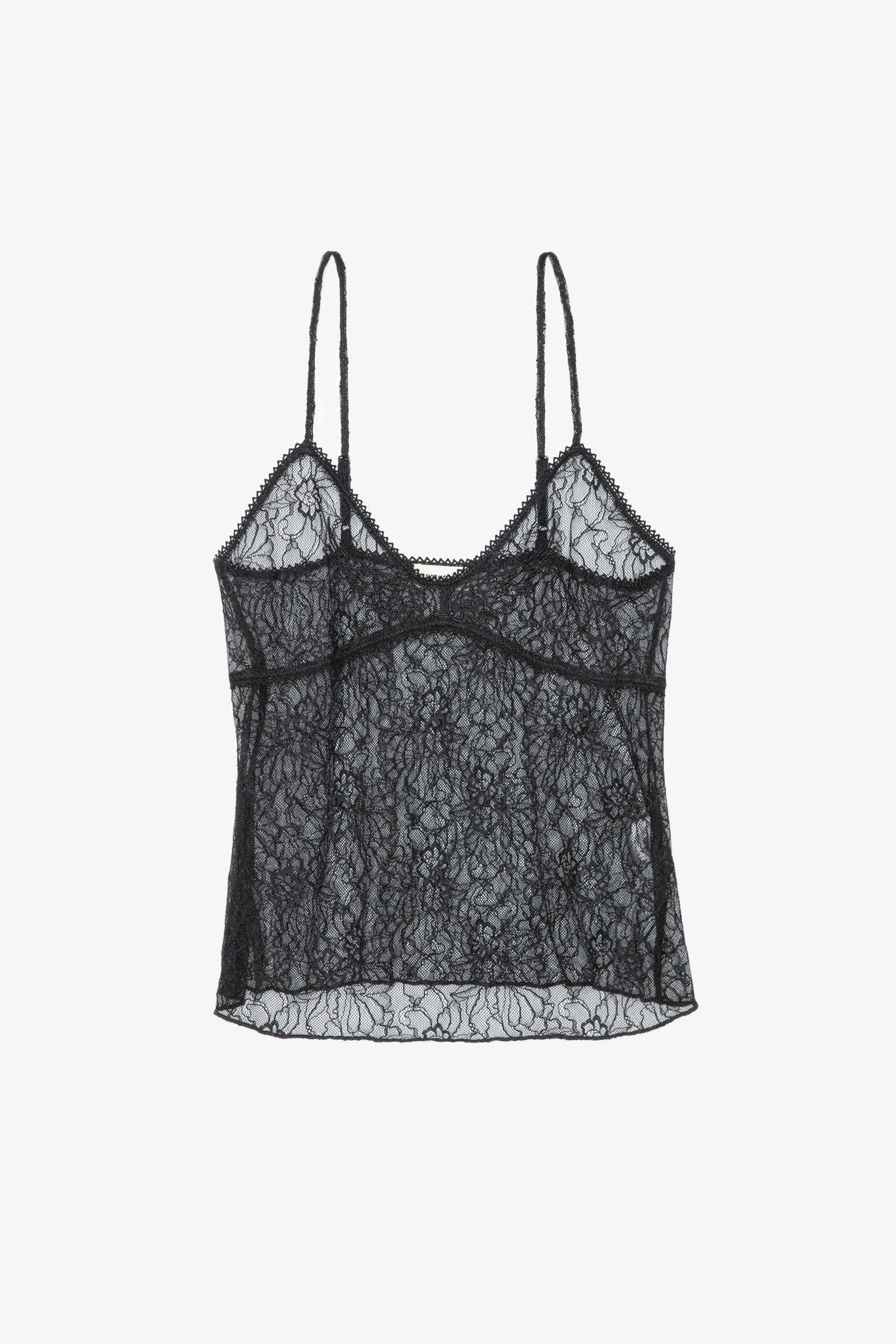 Lyzig Camisole - Black sheer lingerie-style camisole with thin adjustable straps embellished with floral embroidery.