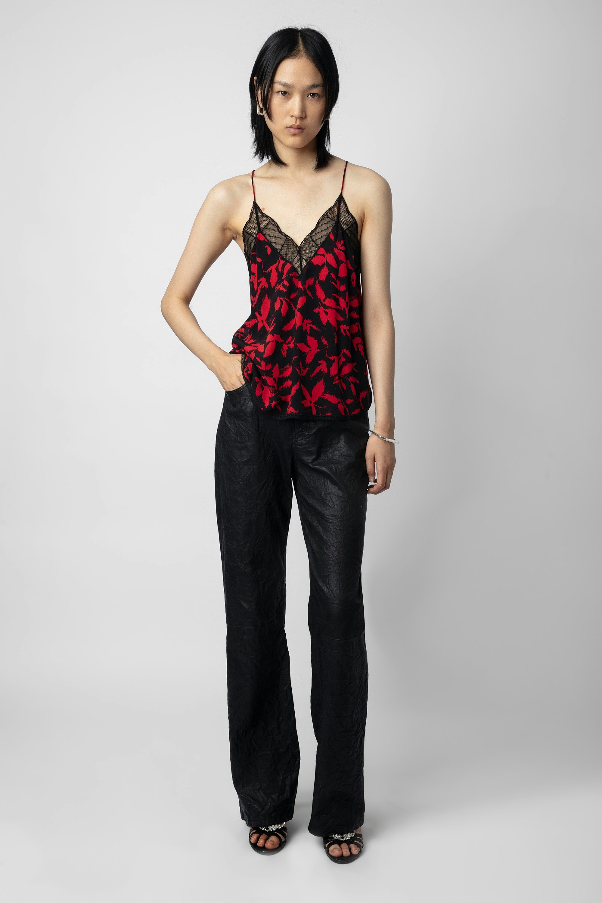 Christy Camisole - Women’s black camisole with print and lace trim.
