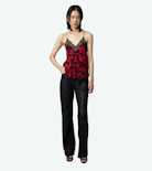 Christy Camisole - Women’s black camisole with print and lace trim.