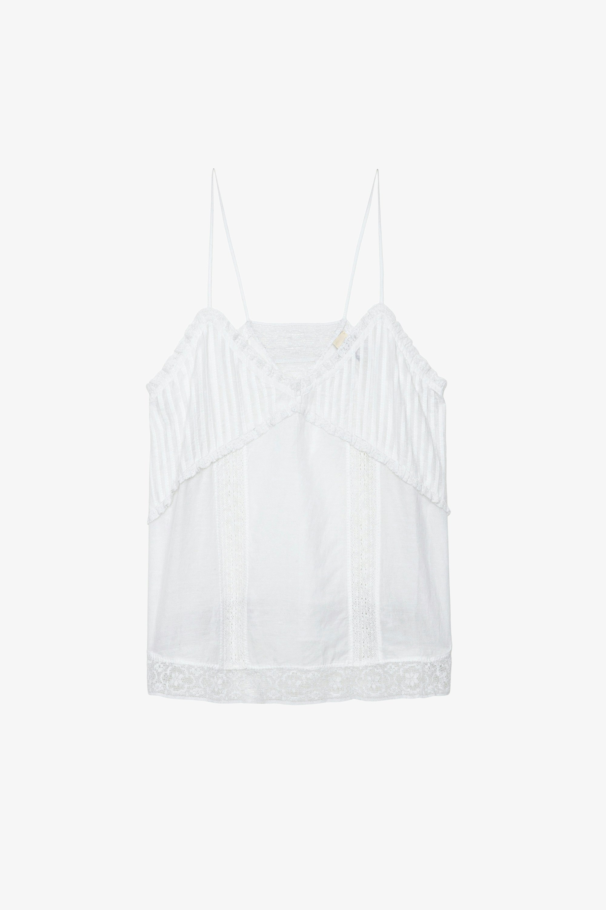 Caraco Calixia - Caraco esprit lingerie en coton blanc à bretelles et bandes de dentelle.