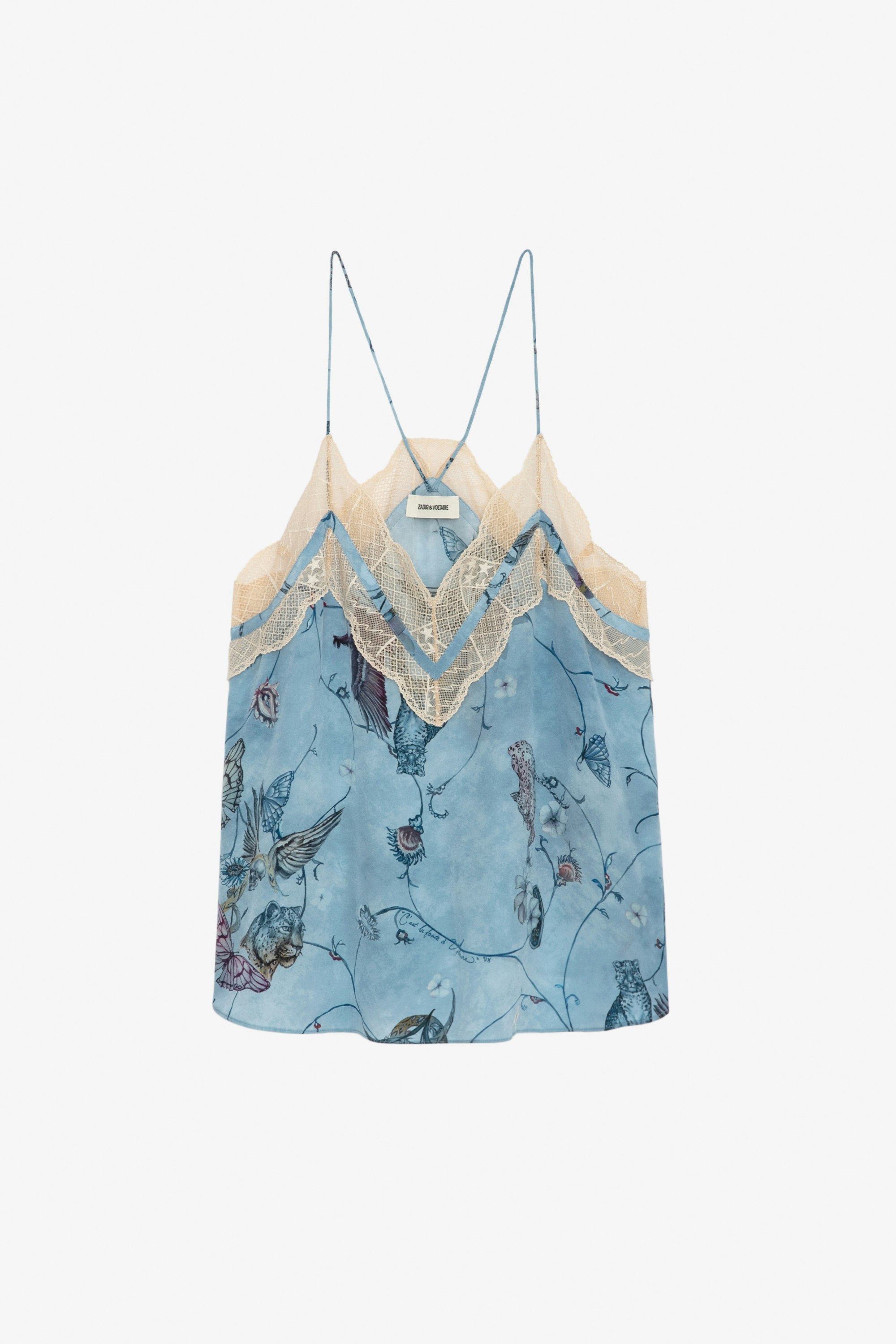 Christo Silk Camisole - Blue silk lingerie-style camisole with print and lace-trimmed neckline.