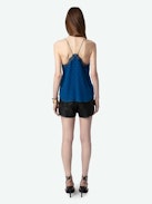 Christy Silk Jacquard Camisole - Teal silk lingerie-style camisole with jacquard wings, thin straps and lace-trimmed neckline.