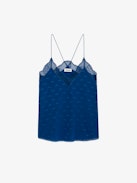 Christy Silk Jacquard Camisole - Teal silk lingerie-style camisole with jacquard wings, thin straps and lace-trimmed neckline.