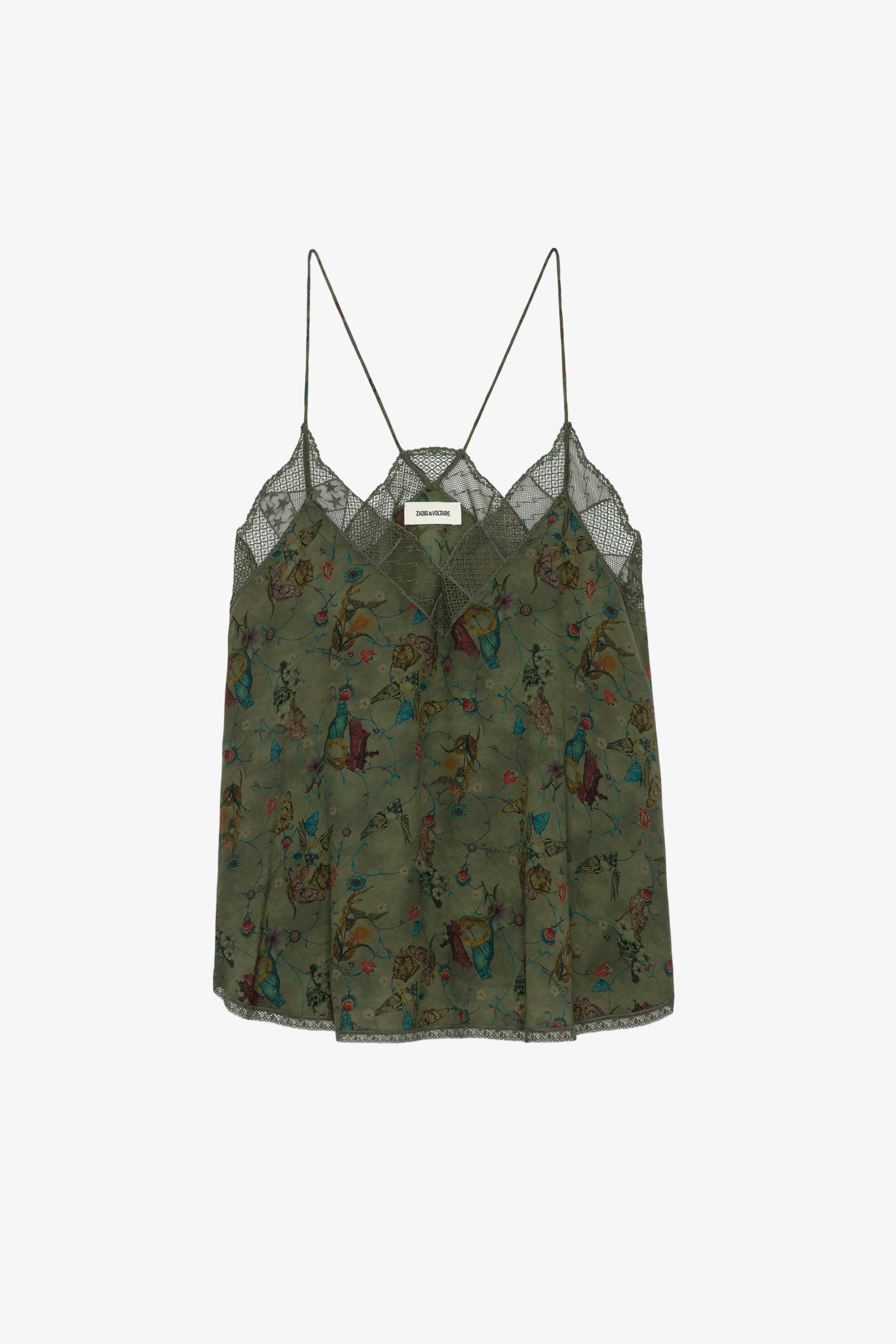Christy Camisole - Printed khaki lingerie-style camisole with thin straps and lace-trimmed neckline.