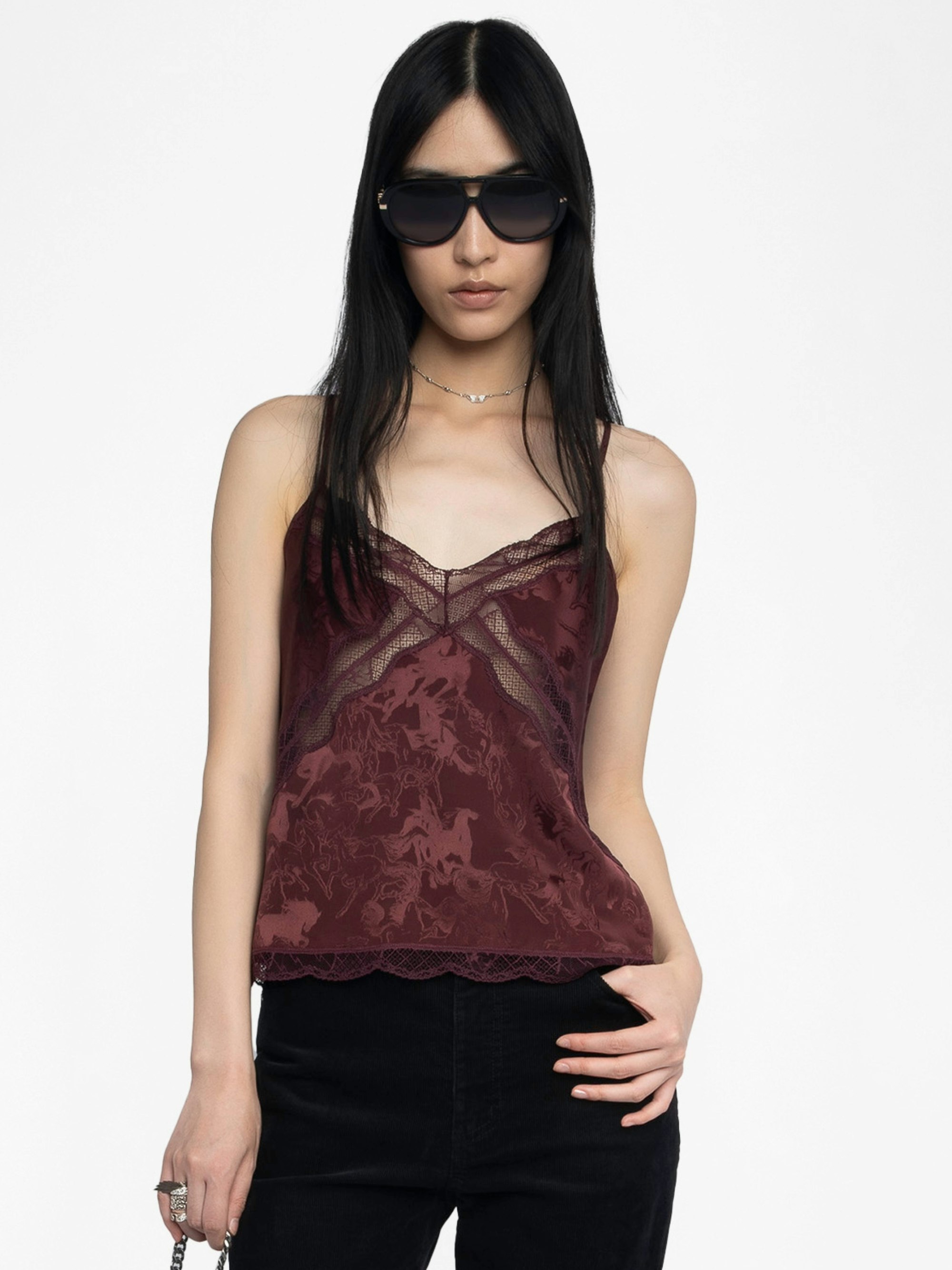 Cishi Silk Lace Camisole - Camisole in horses jacquard silk, adjustable straps, French lace and embroidered wings on back.