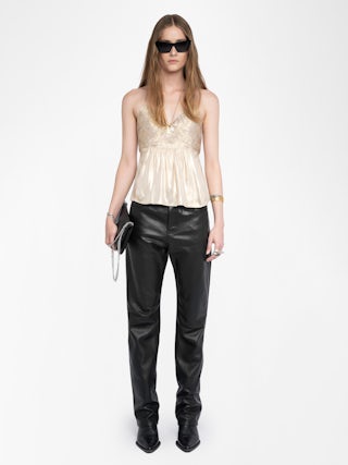 Cayonne Satin Camisole - Lingerie-style satin camisole with pleated details and adjustable cross-back straps.