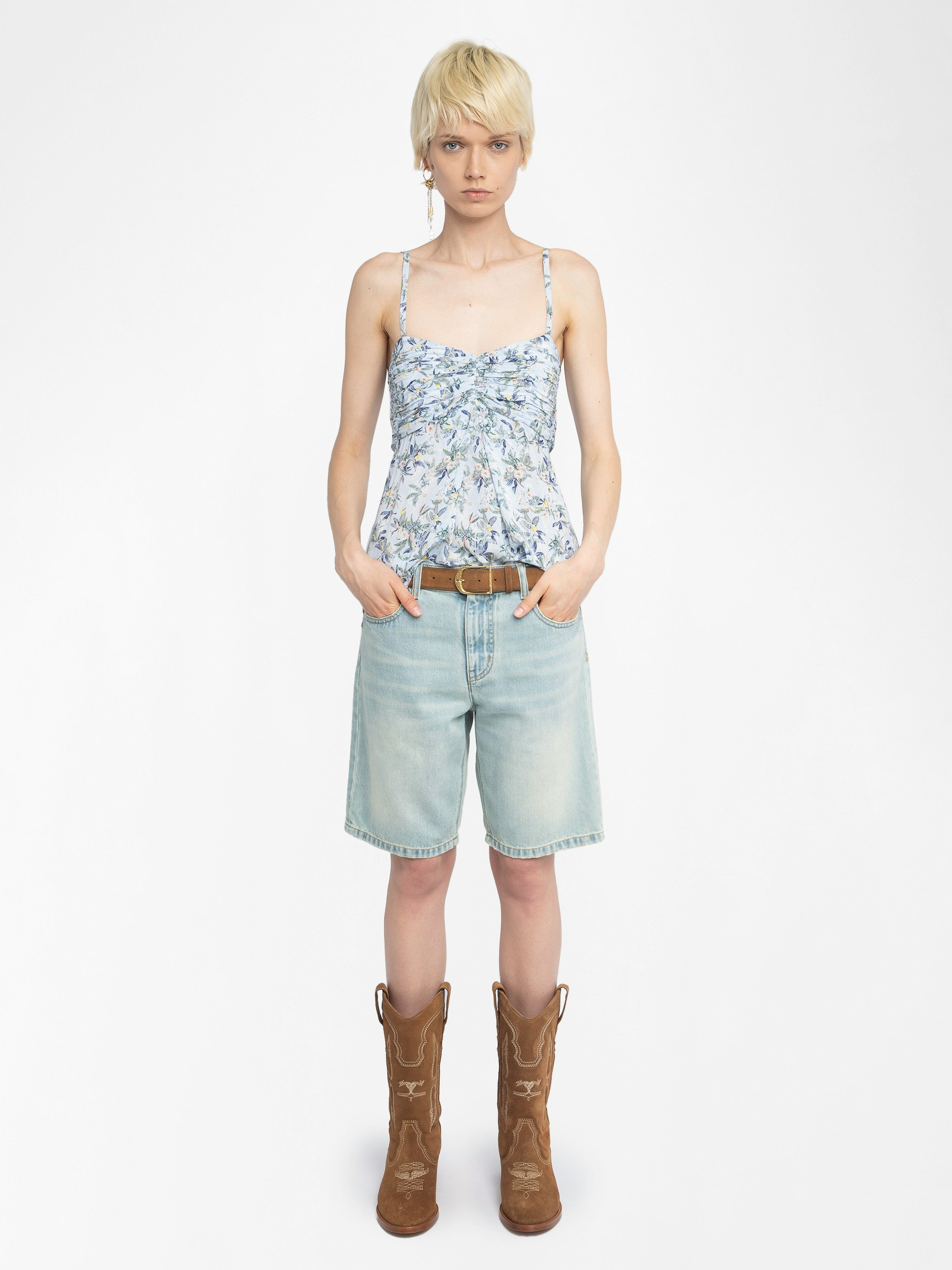 Caraco Cippie - Caraco in printed viscose with adjustable straps and gathered bustier.