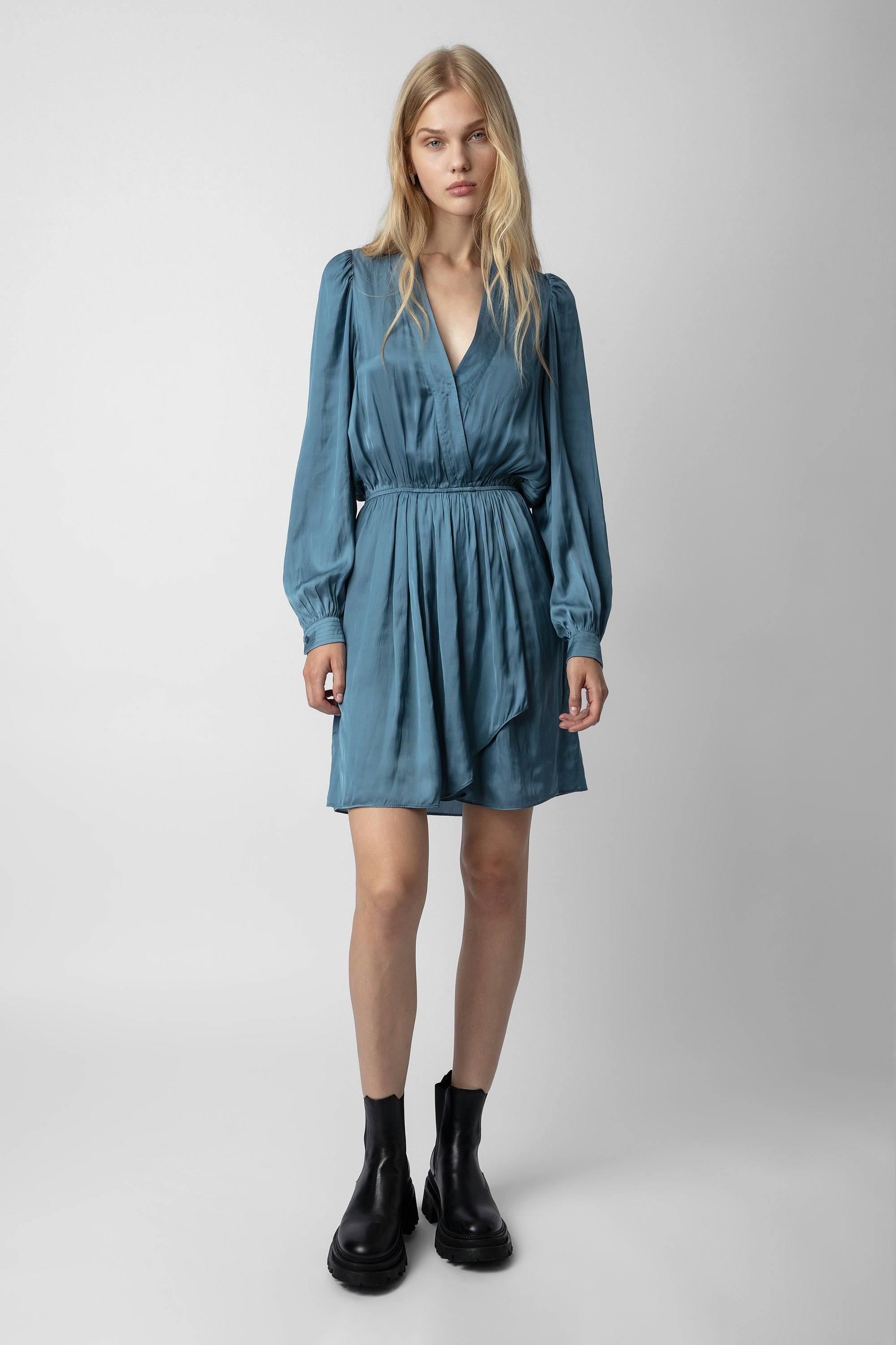 Remember Satin Dress - Women’s short sky blue satin dress with draped skirt